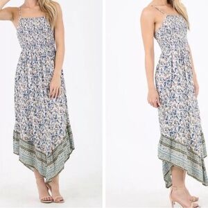 Angie Smocked sundress blue, green, white Floral, ruffle angled hem.Maxi boho S